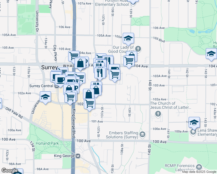 map of restaurants, bars, coffee shops, grocery stores, and more near 13776 Central Avenue in Surrey