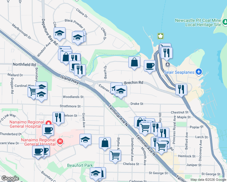 map of restaurants, bars, coffee shops, grocery stores, and more near 1974 Estevan Road in Nanaimo
