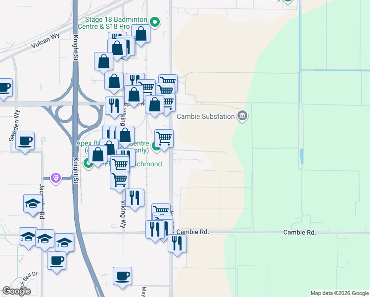 map of restaurants, bars, coffee shops, grocery stores, and more near 3280 Number 6 Road in Richmond
