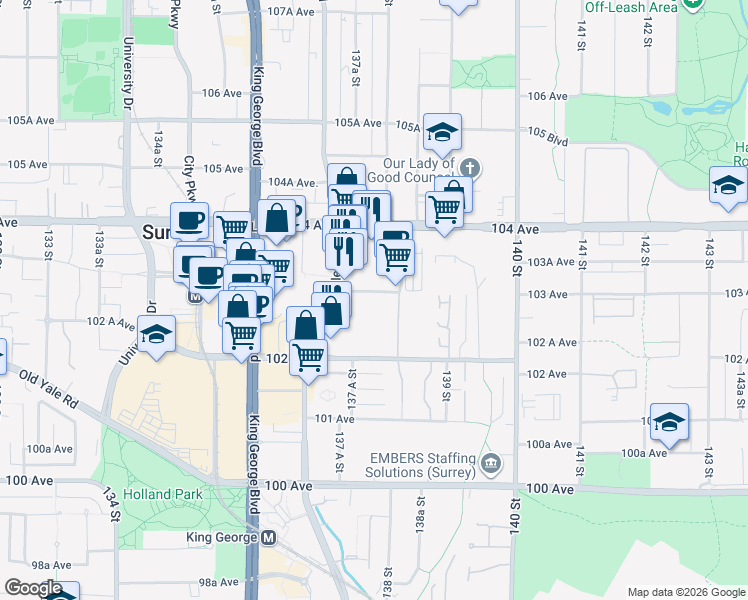 map of restaurants, bars, coffee shops, grocery stores, and more near 13776 Central Avenue in Surrey