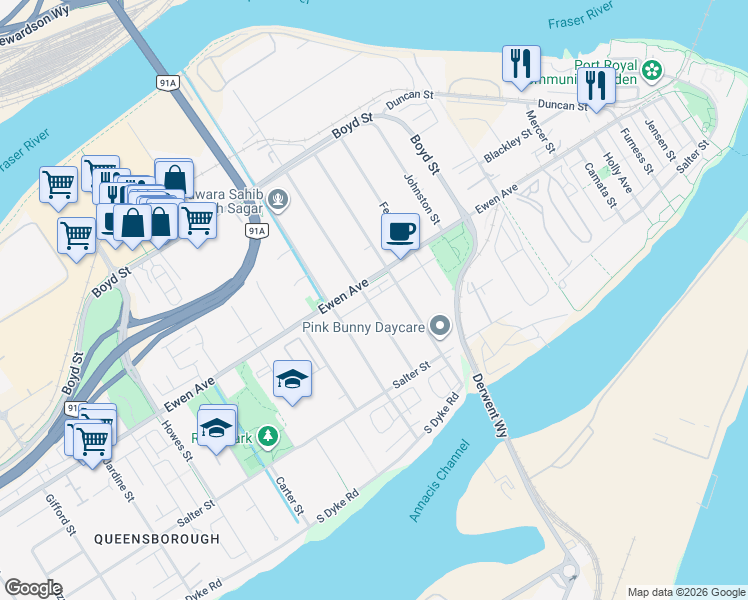 map of restaurants, bars, coffee shops, grocery stores, and more near 253 Boyne Street in New Westminster