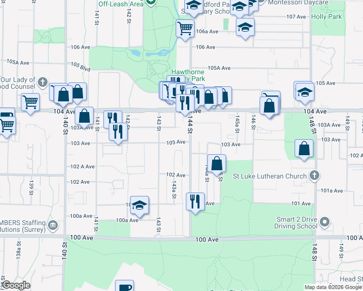 map of restaurants, bars, coffee shops, grocery stores, and more near 14388 103 Avenue in Surrey