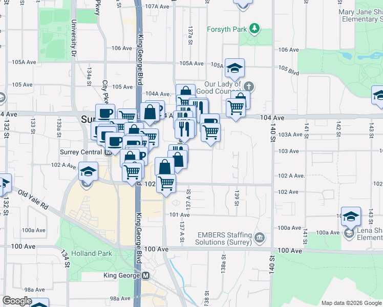 map of restaurants, bars, coffee shops, grocery stores, and more near 13756 Central Avenue in Surrey