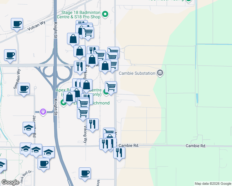 map of restaurants, bars, coffee shops, grocery stores, and more near 3280 Number 6 Road in Richmond