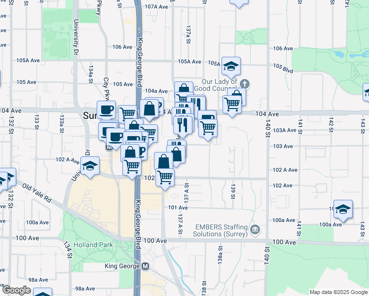 map of restaurants, bars, coffee shops, grocery stores, and more near 13738 Central Avenue in Surrey
