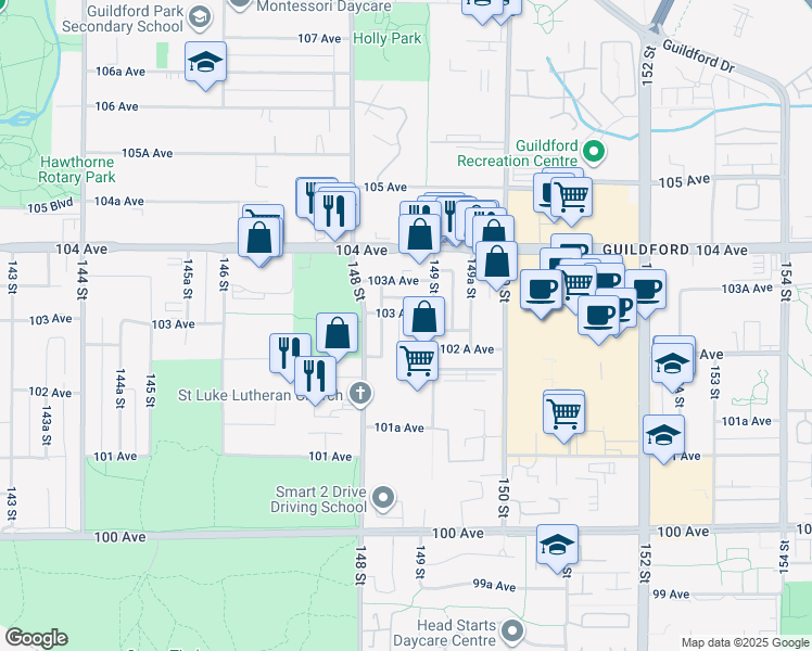 map of restaurants, bars, coffee shops, grocery stores, and more near 10286 148A Street in Surrey