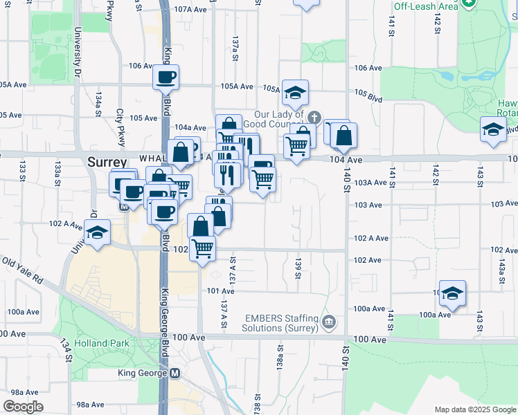 map of restaurants, bars, coffee shops, grocery stores, and more near 13811 138A Street in Surrey