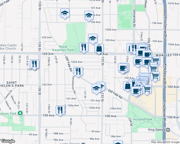 map of restaurants, bars, coffee shops, grocery stores, and more near 13122 103 Avenue in Surrey