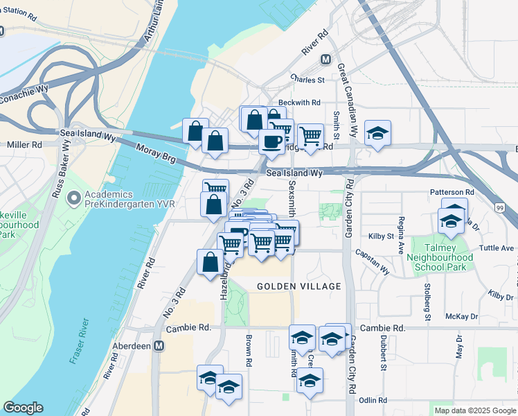 map of restaurants, bars, coffee shops, grocery stores, and more near 3320 No. 3 Road in Richmond