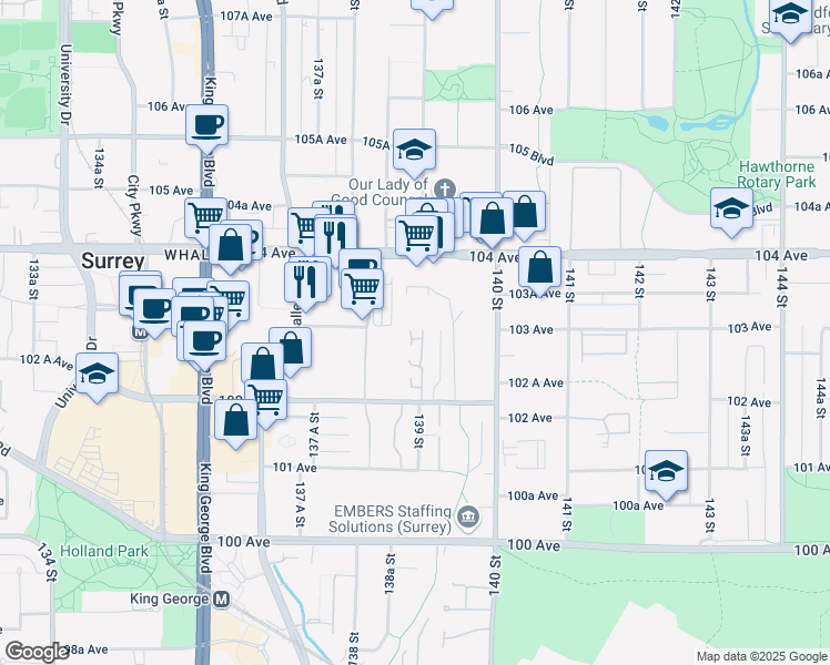 map of restaurants, bars, coffee shops, grocery stores, and more near 13895 102 Avenue in Surrey