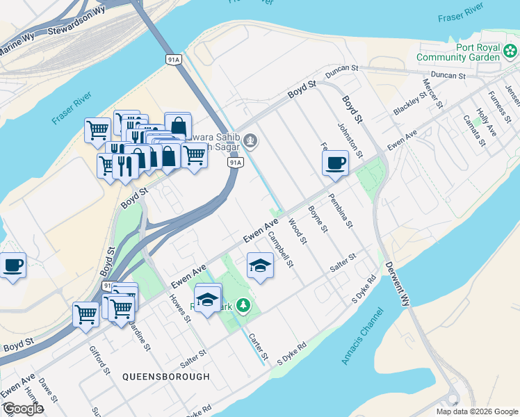 map of restaurants, bars, coffee shops, grocery stores, and more near 716 Crane Place in New Westminster