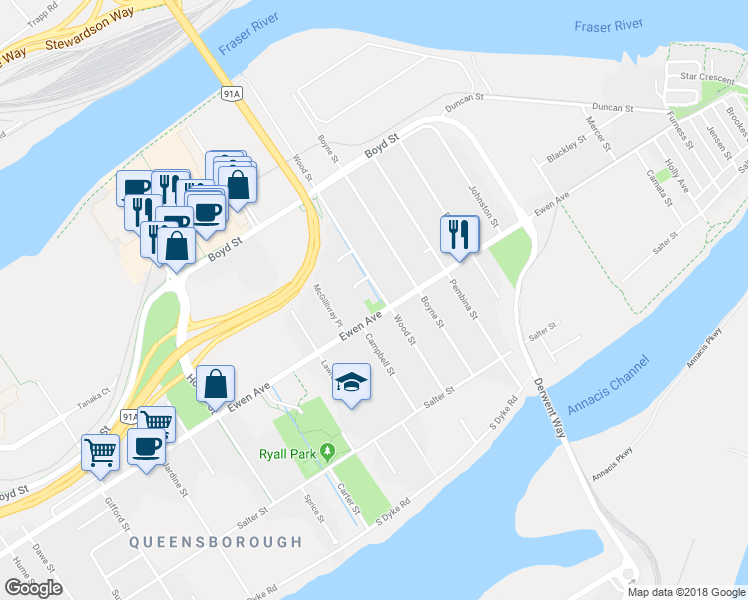 map of restaurants, bars, coffee shops, grocery stores, and more near 304 Wood Street in New Westminster