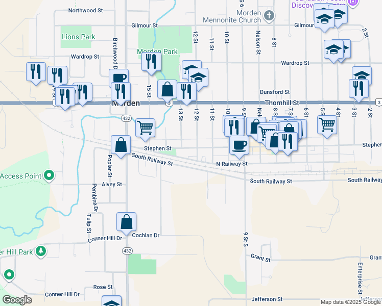 map of restaurants, bars, coffee shops, grocery stores, and more near 608 Stephen Street in Morden