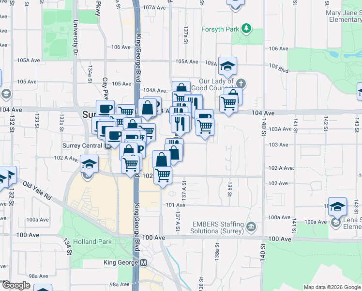 map of restaurants, bars, coffee shops, grocery stores, and more near 13738 Central Avenue in Surrey
