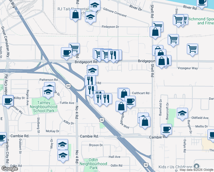 map of restaurants, bars, coffee shops, grocery stores, and more near 10280 Bird Road in Richmond