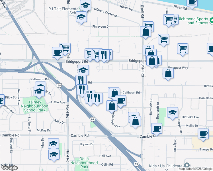 map of restaurants, bars, coffee shops, grocery stores, and more near in Richmond