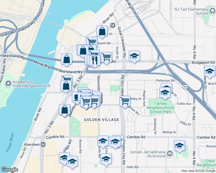 map of restaurants, bars, coffee shops, grocery stores, and more near 3233 Ketcheson Road in Richmond
