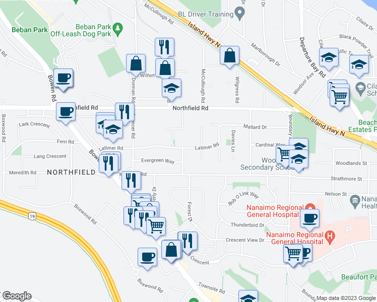 map of restaurants, bars, coffee shops, grocery stores, and more near 1835 Latimer Road in Nanaimo
