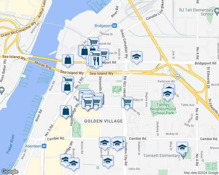 map of restaurants, bars, coffee shops, grocery stores, and more near 3233 Ketcheson Road in Richmond