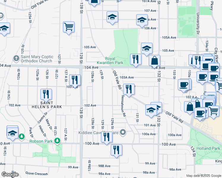 map of restaurants, bars, coffee shops, grocery stores, and more near in Surrey