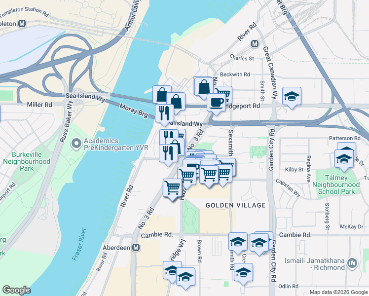map of restaurants, bars, coffee shops, grocery stores, and more near 3331 Number 3 Road in Richmond