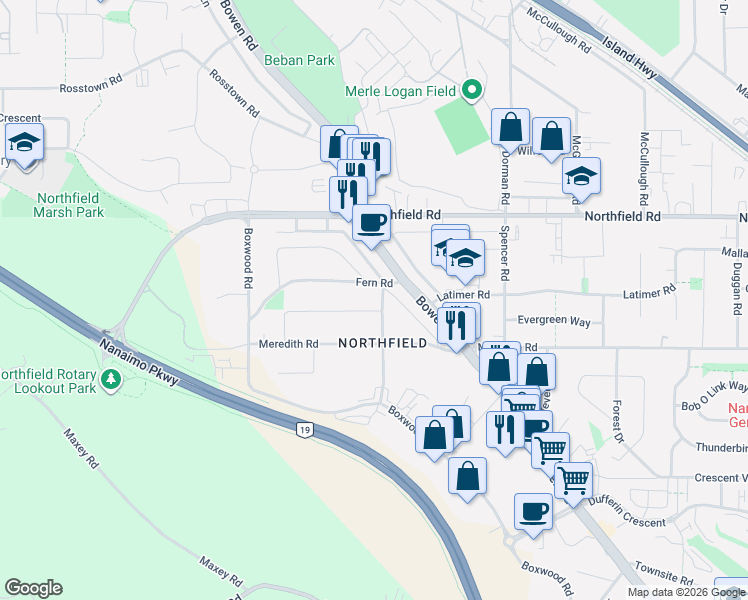 map of restaurants, bars, coffee shops, grocery stores, and more near 2195 Tulsa Road in Nanaimo