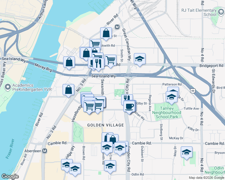 map of restaurants, bars, coffee shops, grocery stores, and more near 8888 Patterson Road in Richmond