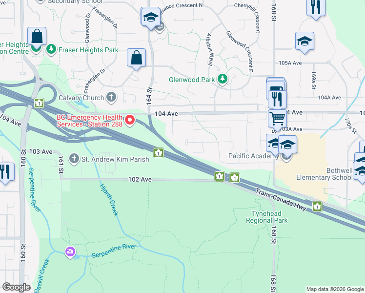 map of restaurants, bars, coffee shops, grocery stores, and more near 16472 103 Avenue in Surrey