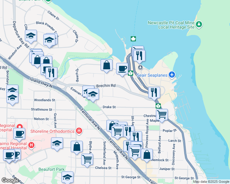 map of restaurants, bars, coffee shops, grocery stores, and more near 1930 Bayview Avenue in Nanaimo