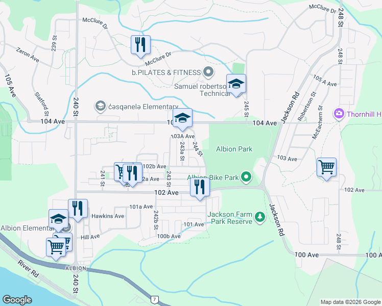 map of restaurants, bars, coffee shops, grocery stores, and more near 24360 103 Avenue in Maple Ridge