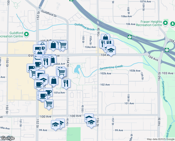 map of restaurants, bars, coffee shops, grocery stores, and more near 10301 155A Street in Surrey