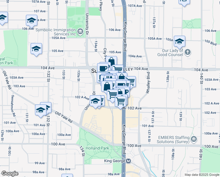 map of restaurants, bars, coffee shops, grocery stores, and more near 10294 City Parkway in Surrey