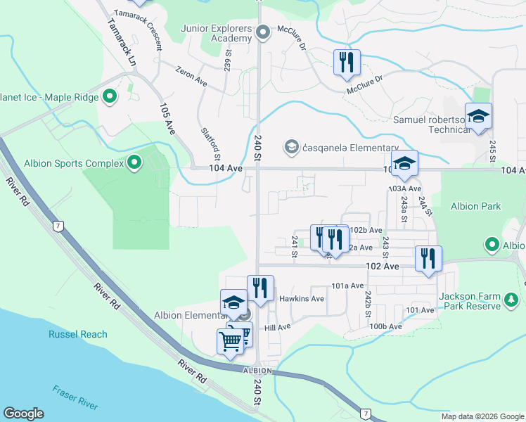 map of restaurants, bars, coffee shops, grocery stores, and more near 10294 240 Street in Maple Ridge