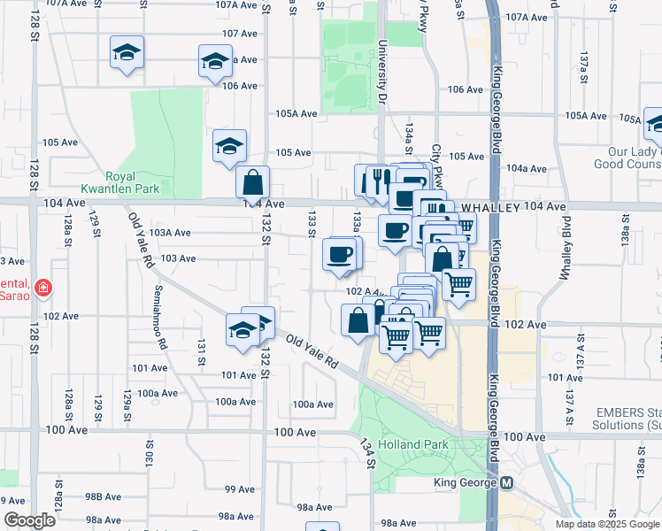 map of restaurants, bars, coffee shops, grocery stores, and more near in Surrey