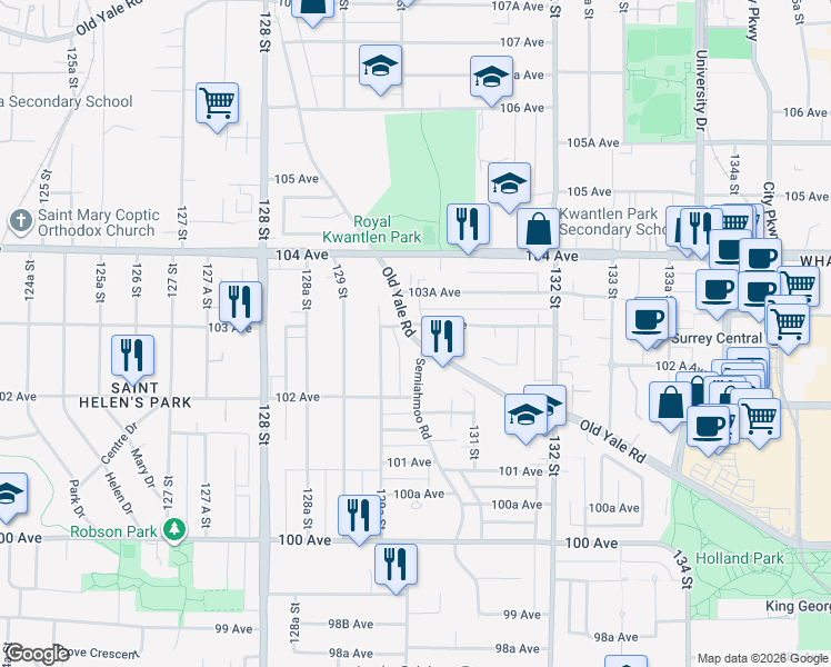 map of restaurants, bars, coffee shops, grocery stores, and more near in Surrey
