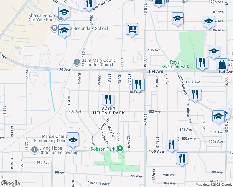 map of restaurants, bars, coffee shops, grocery stores, and more near 10287 127 Street in Surrey