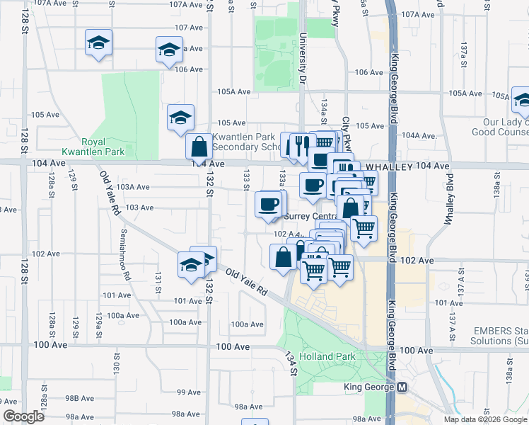 map of restaurants, bars, coffee shops, grocery stores, and more near 13325 102 A Avenue in Surrey