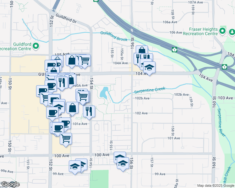 map of restaurants, bars, coffee shops, grocery stores, and more near 10301 155A Street in Surrey