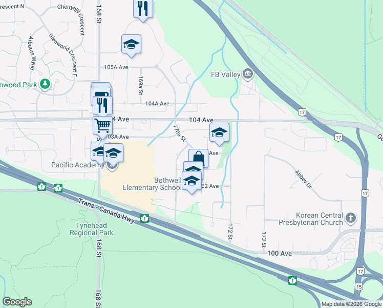 map of restaurants, bars, coffee shops, grocery stores, and more near 17072 103 Avenue in Surrey