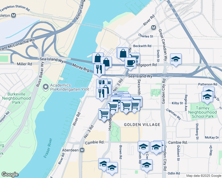 map of restaurants, bars, coffee shops, grocery stores, and more near 3331 Number 3 Road in Richmond