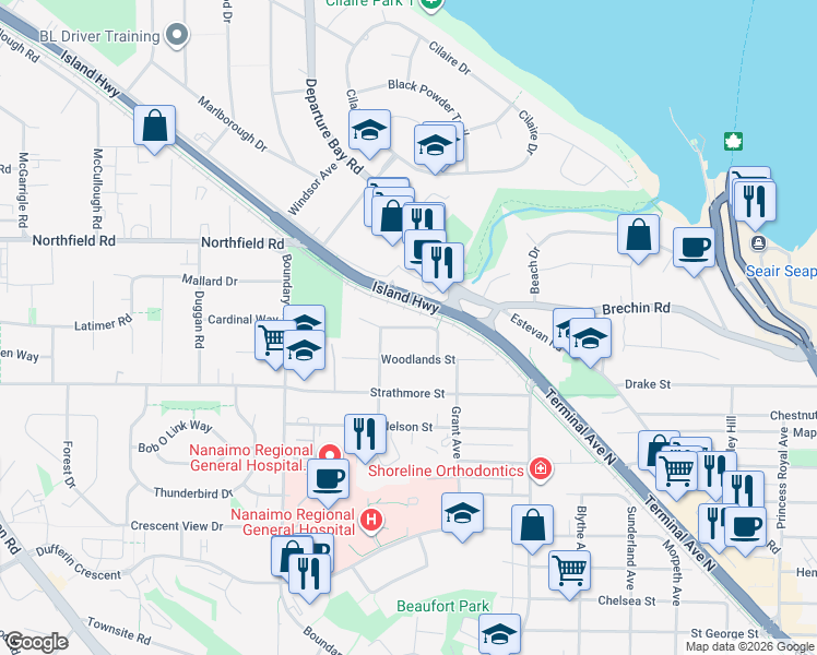 map of restaurants, bars, coffee shops, grocery stores, and more near Giggleswick Place in Nanaimo