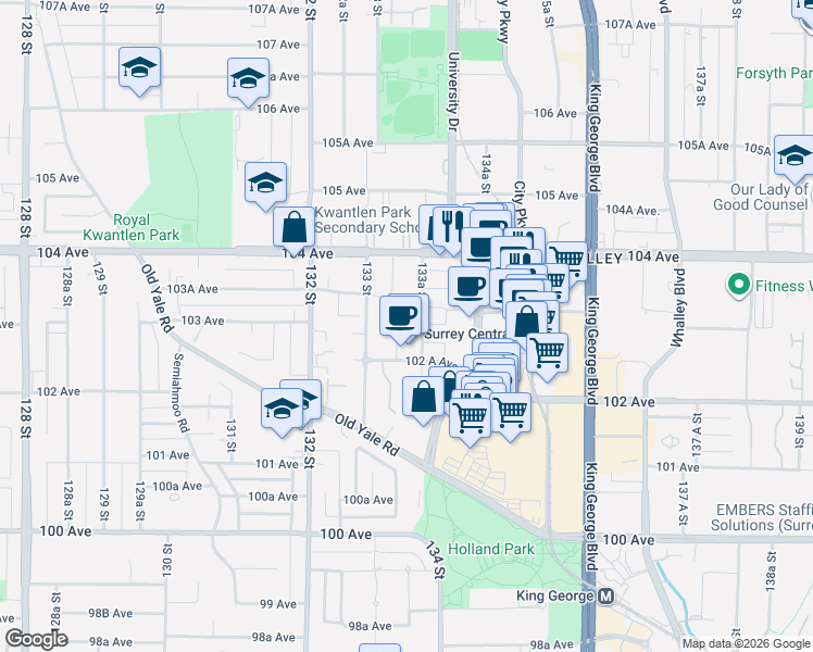 map of restaurants, bars, coffee shops, grocery stores, and more near 13350 Central Avenue in Surrey
