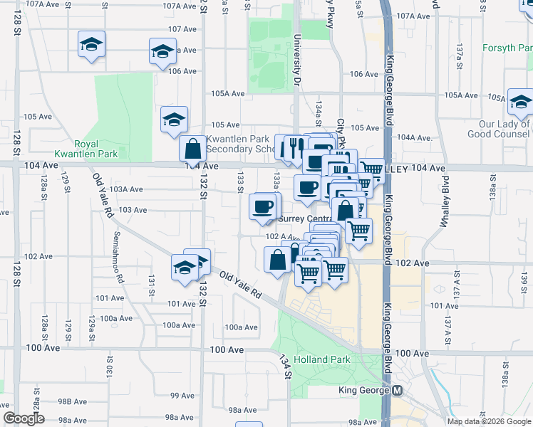 map of restaurants, bars, coffee shops, grocery stores, and more near in Surrey