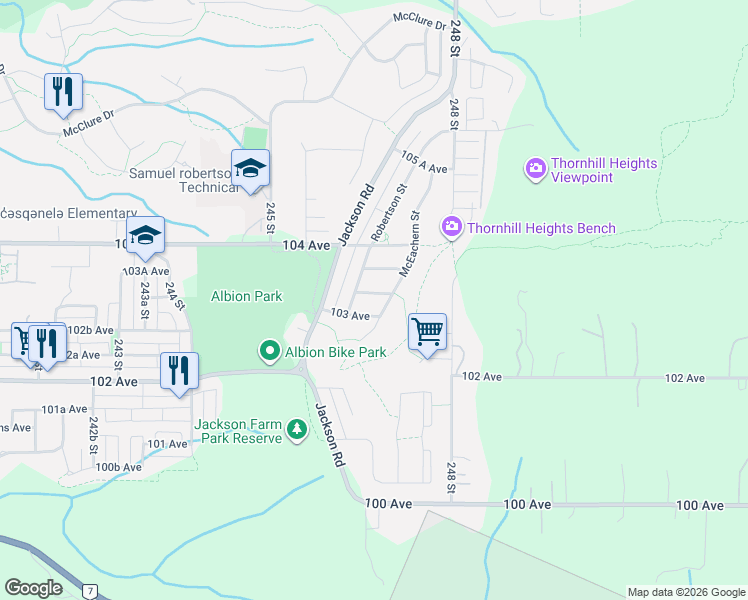 map of restaurants, bars, coffee shops, grocery stores, and more near 24680 103A Avenue in Maple Ridge