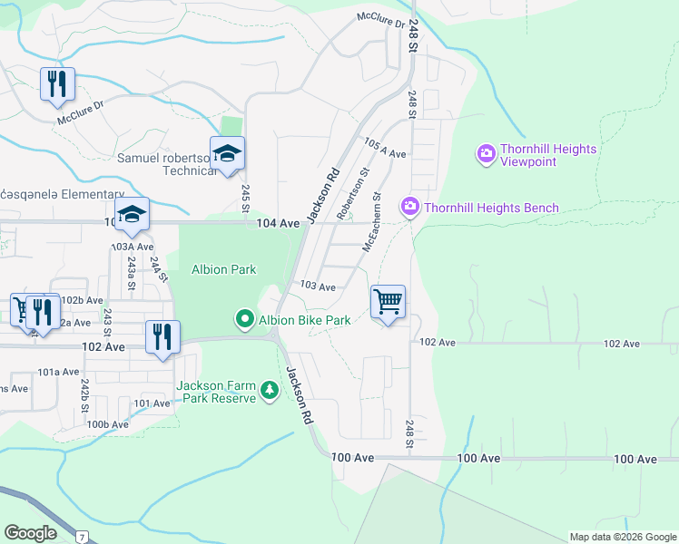 map of restaurants, bars, coffee shops, grocery stores, and more near 24680 103A Avenue in Maple Ridge