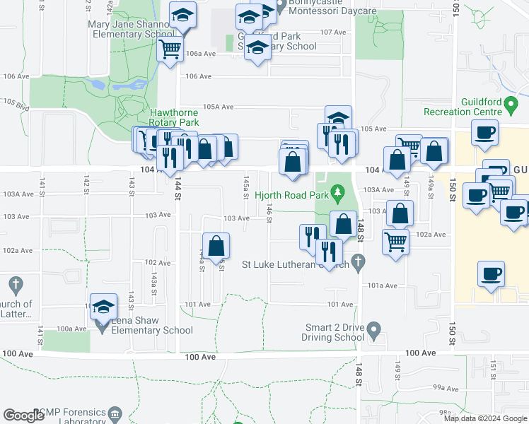 map of restaurants, bars, coffee shops, grocery stores, and more near 10307 146 Street in Surrey