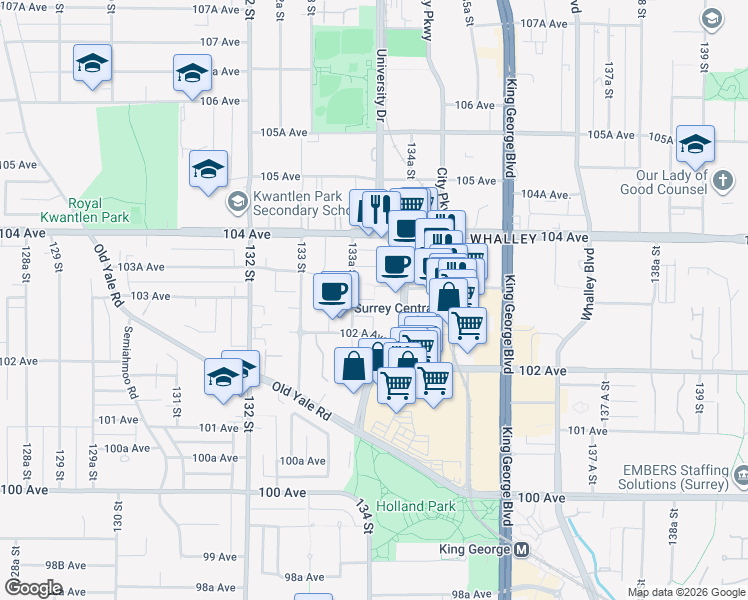map of restaurants, bars, coffee shops, grocery stores, and more near 13495 Central Avenue in Surrey