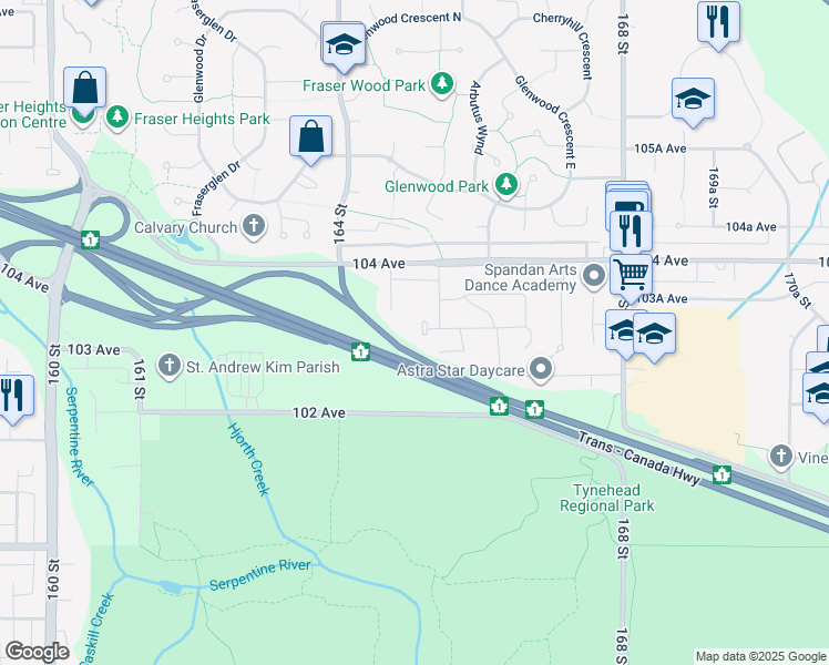 map of restaurants, bars, coffee shops, grocery stores, and more near 16466 103 Avenue in Surrey