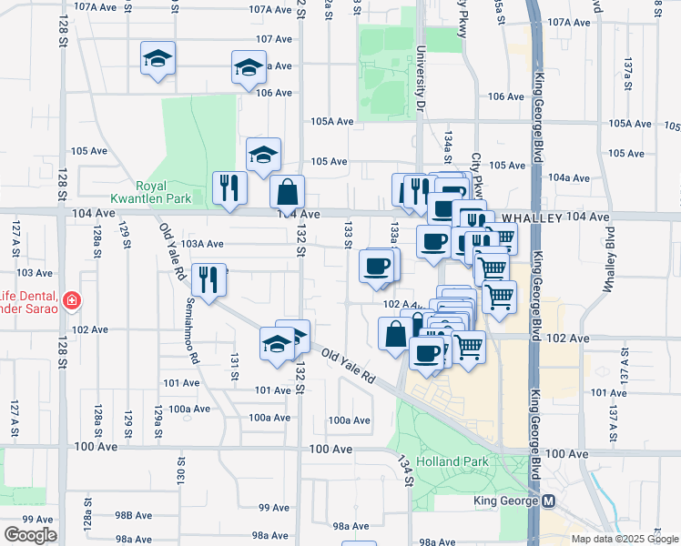 map of restaurants, bars, coffee shops, grocery stores, and more near in Surrey