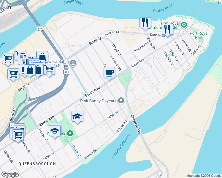 map of restaurants, bars, coffee shops, grocery stores, and more near 249 Pembina Street in New Westminster